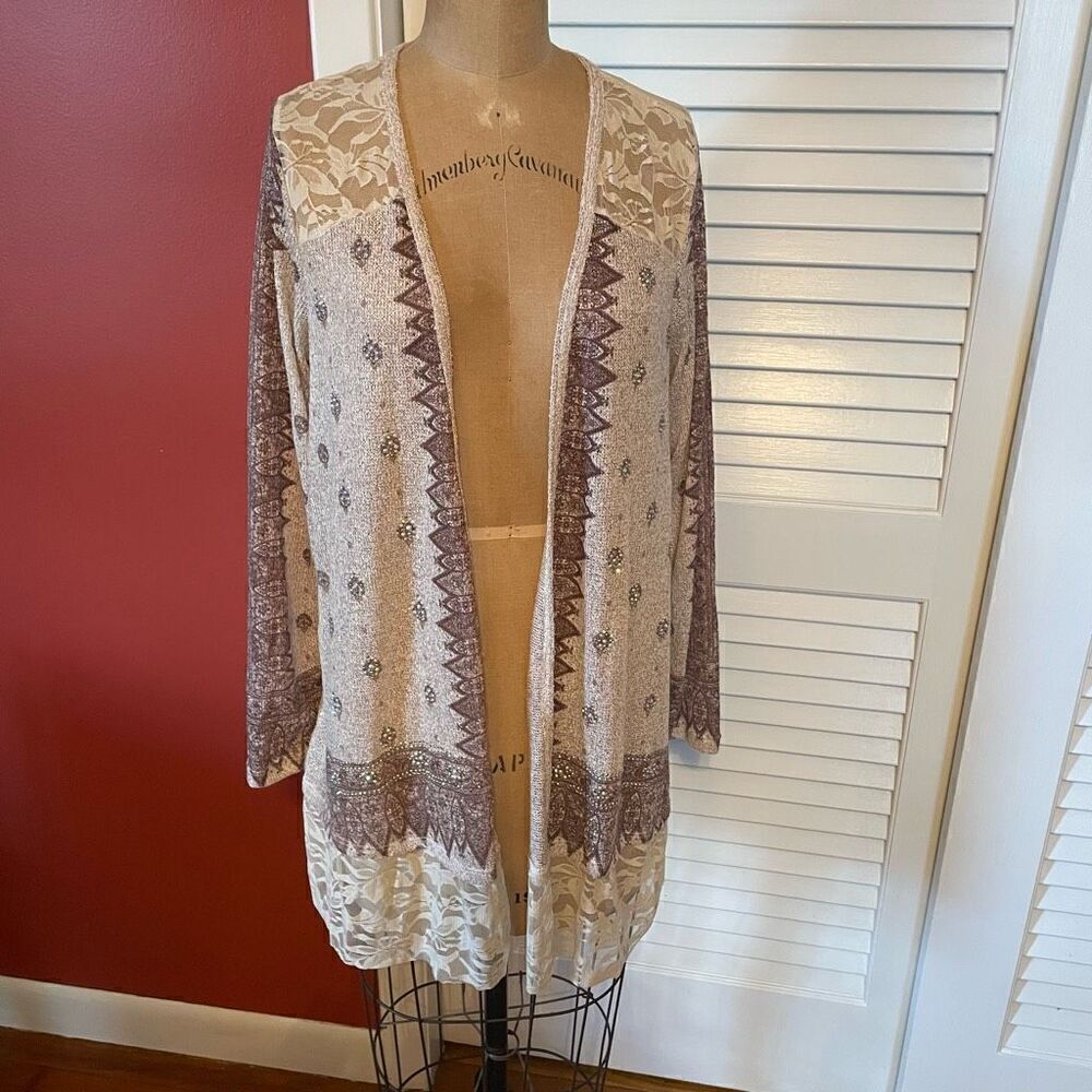 VOICE OF CALIFORNIA | earth tone open cardigan with beads and lace S